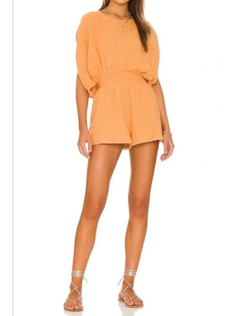 Free People Pietro Apricot 100% Cotton Short Sleeve Cowl Tie Back Romper Medium